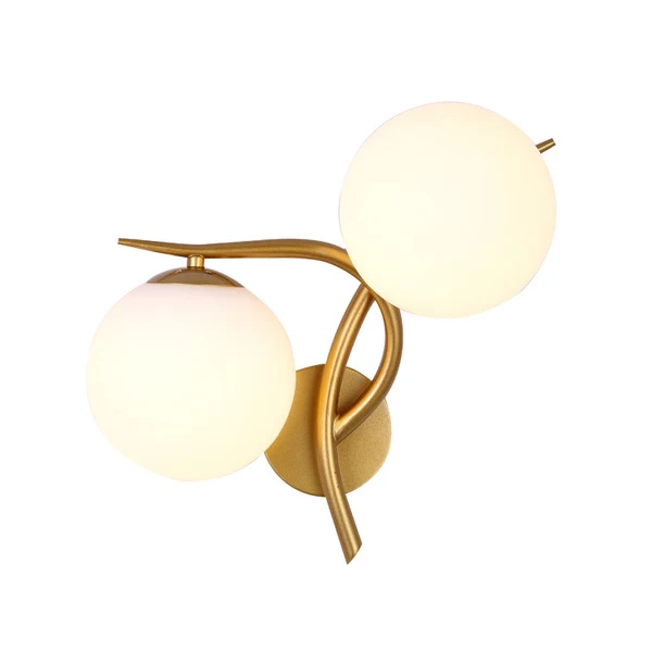 Gouden kronkelende wandlamp strak 2-kops metalen schansverlichtingsarmatuur met bolmelkglazen lampenkap