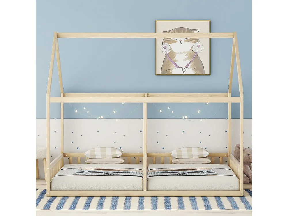 Kajuitbed van grenenhout 2x90x200cm - met dak en lattenbodem - Naturel