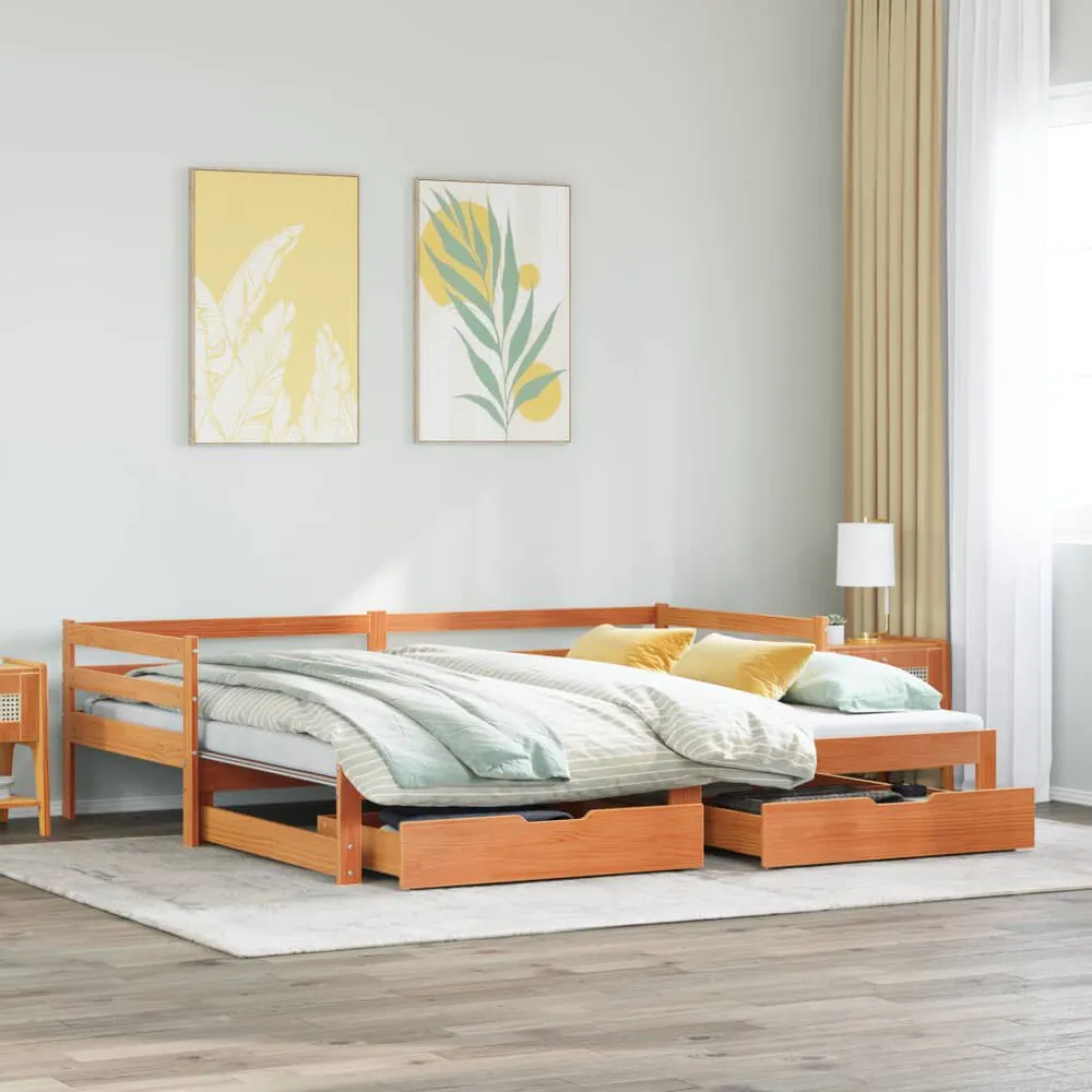 Slaapbank onderschuifbed en lades 90x200 cm grenenhout wasbruin