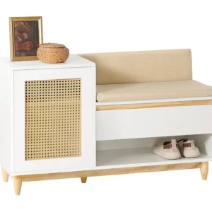 SoBuy FSR128-W Schoenenbank met Opbergruimte, Schoenenkast met Deuren, Planken, Kussen en Lade, Schoenencommode