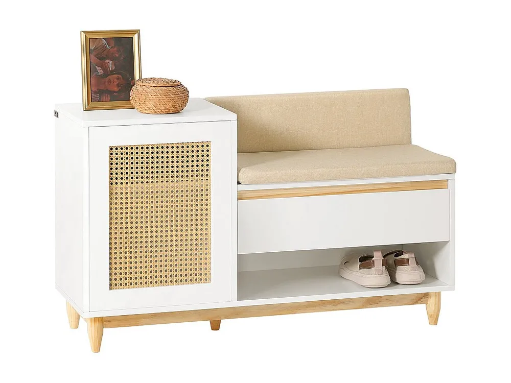 SoBuy FSR128-W Schoenenbank met Opbergruimte, Schoenenkast met Deuren, Planken, Kussen en Lade, Schoenencommode