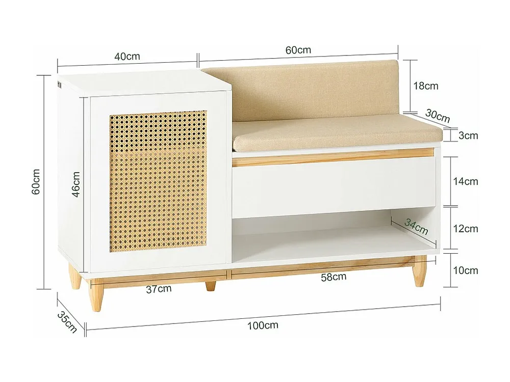 SoBuy FSR128-W Schoenenbank met Opbergruimte, Schoenenkast met Deuren, Planken, Kussen en Lade, Schoenencommode