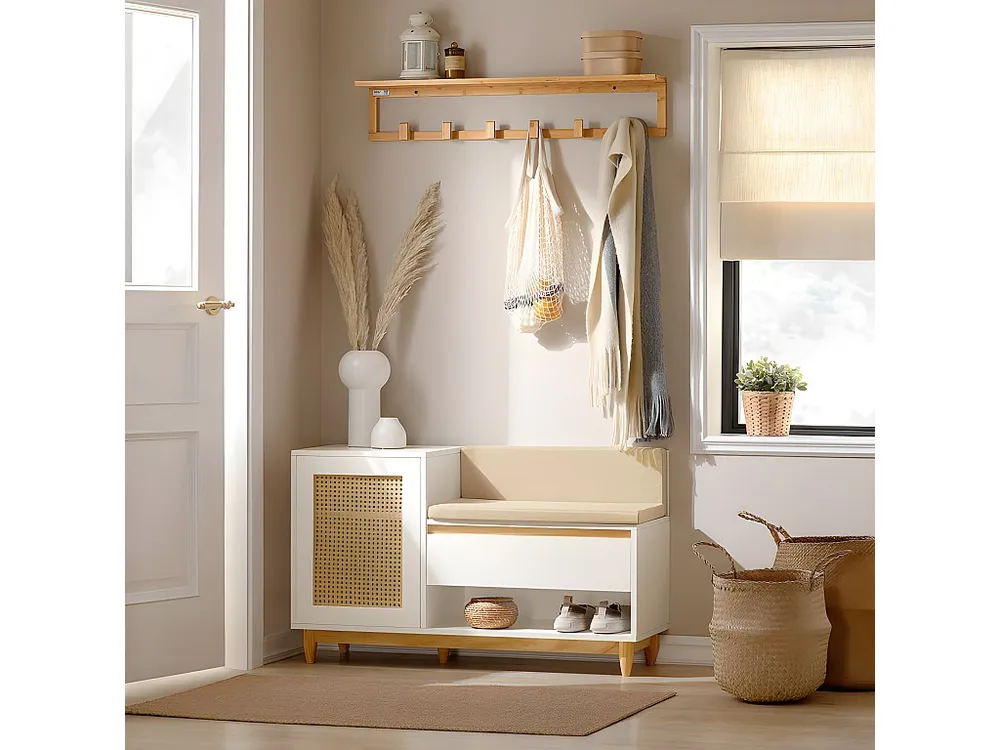 SoBuy FSR128-W Schoenenbank met Opbergruimte, Schoenenkast met Deuren, Planken, Kussen en Lade, Schoenencommode