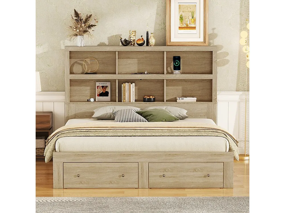Tweepersoonsbed 160x200cm met 2 laden en boekenkast, spaanplaathout, lattenbodem, natuurlijke kleur