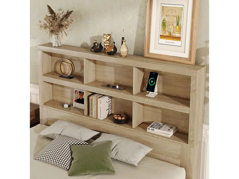 Tweepersoonsbed 160x200cm met 2 laden en boekenkast, spaanplaathout, lattenbodem, natuurlijke kleur