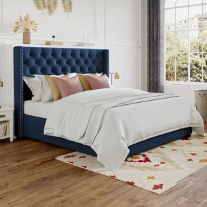 Tweepersoonsbed MASSIMO - 160 x 200 cm - Blauw - stof