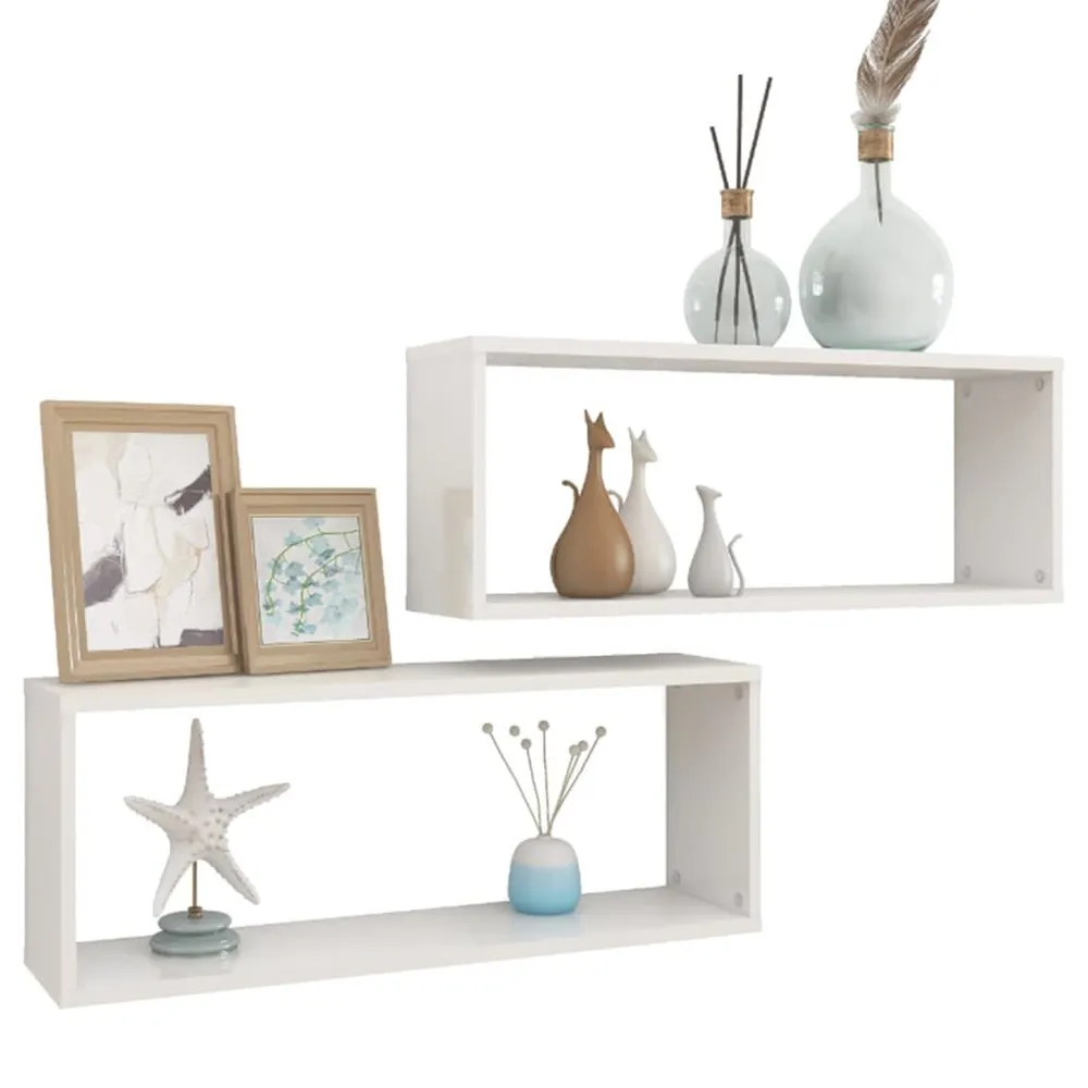 Wandschappen kubus 2 st 60x15x23 cm bewerkt hout hoogglans wit