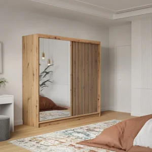 Kast met 2 schuifdeuren met spiegel L203 cm kleuren: houtlook en zwart - CALOWI met Brandwerende Bescherming