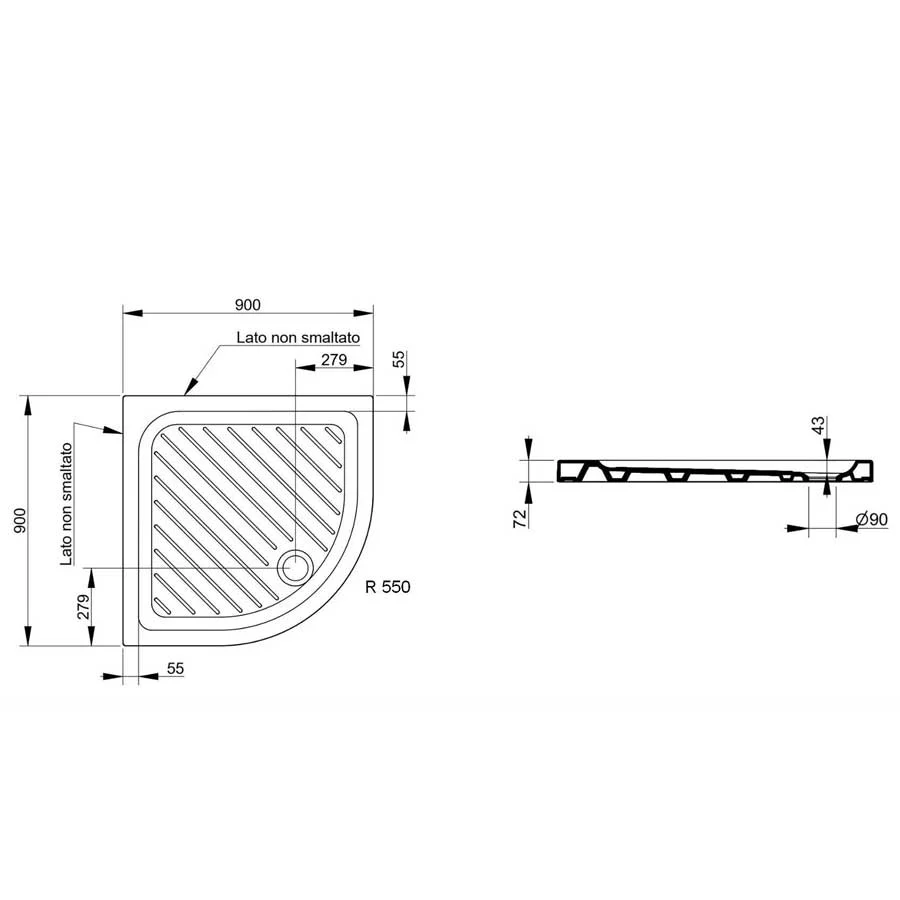 Dolomite aardewerk shower tray 90x90 Height 7 cm semicircular model Gemma 2