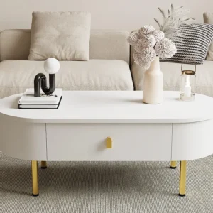 Moderne salontafel - 2 laden met gouden handgrepen en poten - MDF - Wit