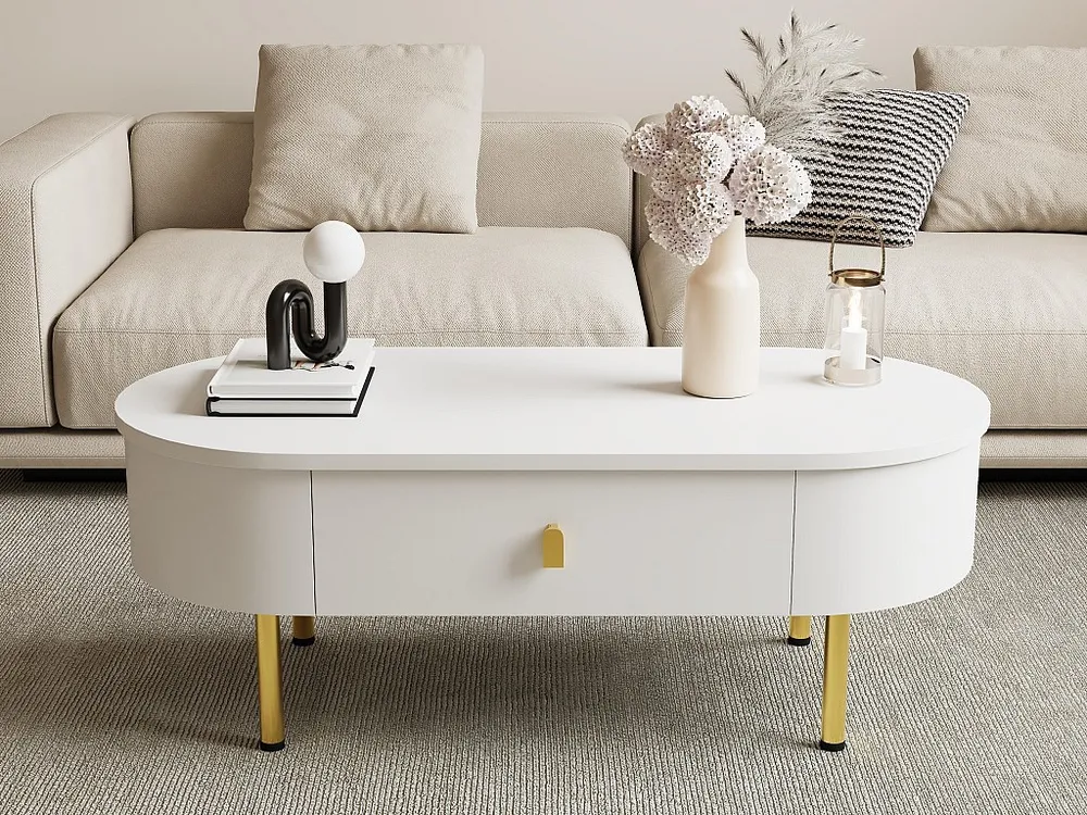 Moderne salontafel - 2 laden met gouden handgrepen en poten - MDF - Wit