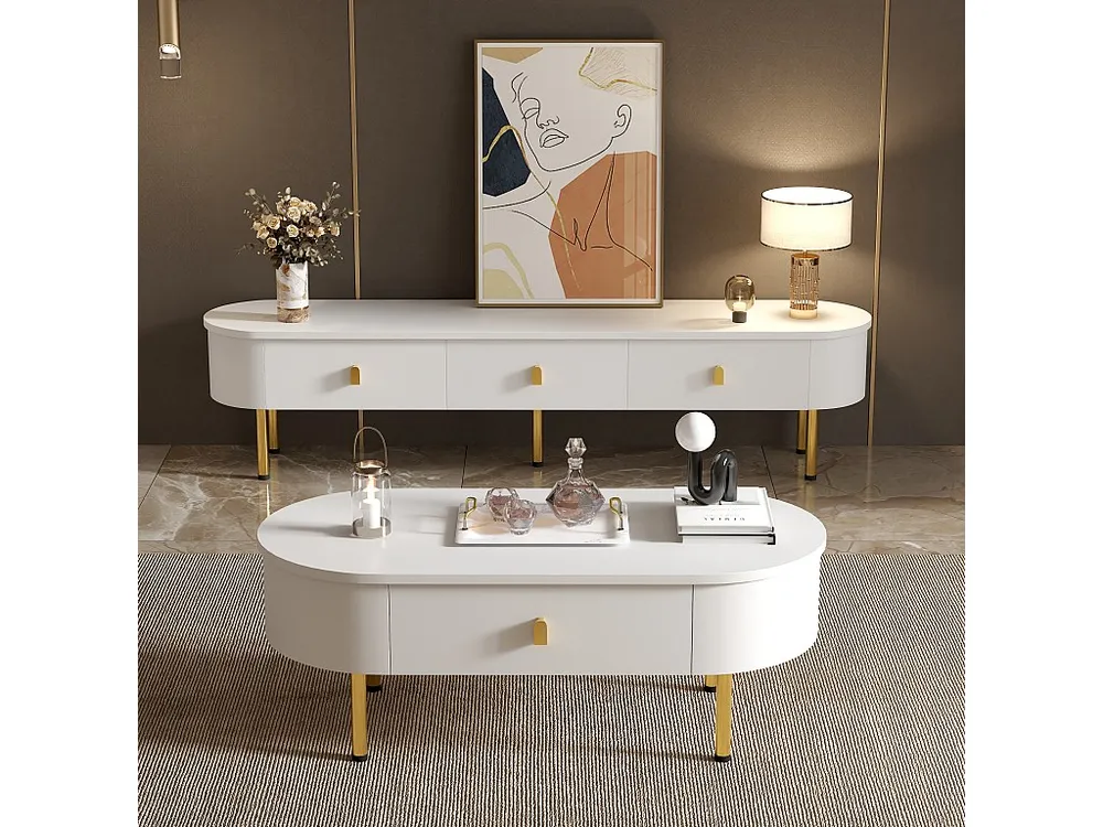Moderne salontafel - 2 laden met gouden handgrepen en poten - MDF - Wit
