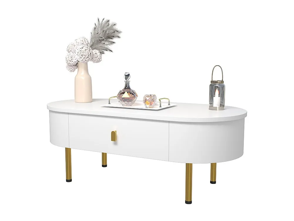 Moderne salontafel - 2 laden met gouden handgrepen en poten - MDF - Wit