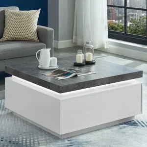 Salontafel HALO II - 2 lades - Gelakt MDF - Met LED-verlichting - Wit en beton
