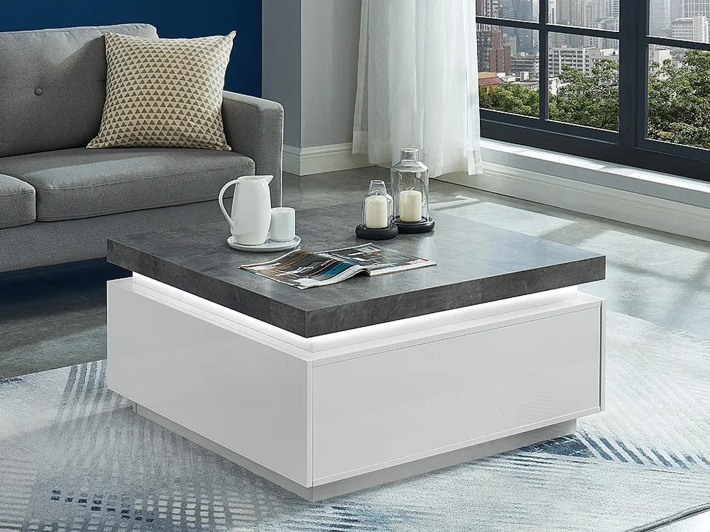 Salontafel HALO II - 2 lades - Gelakt MDF - Met LED-verlichting - Wit en beton