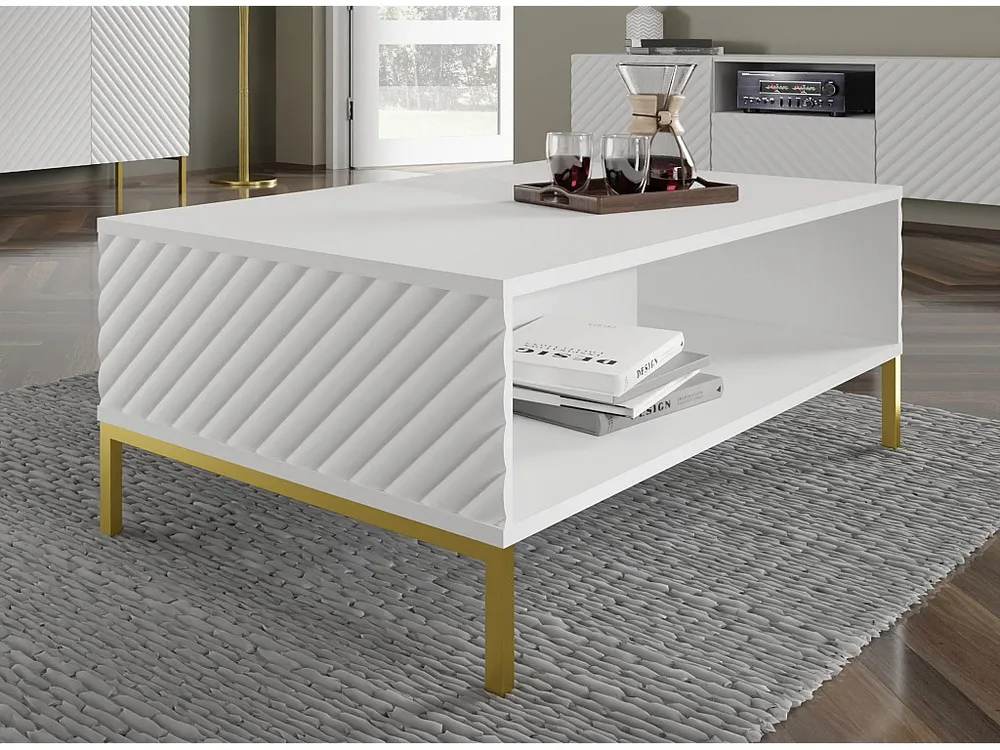 Salontafel SURF 90x60 cm gefreesd wit mat metalen poten goudkleur