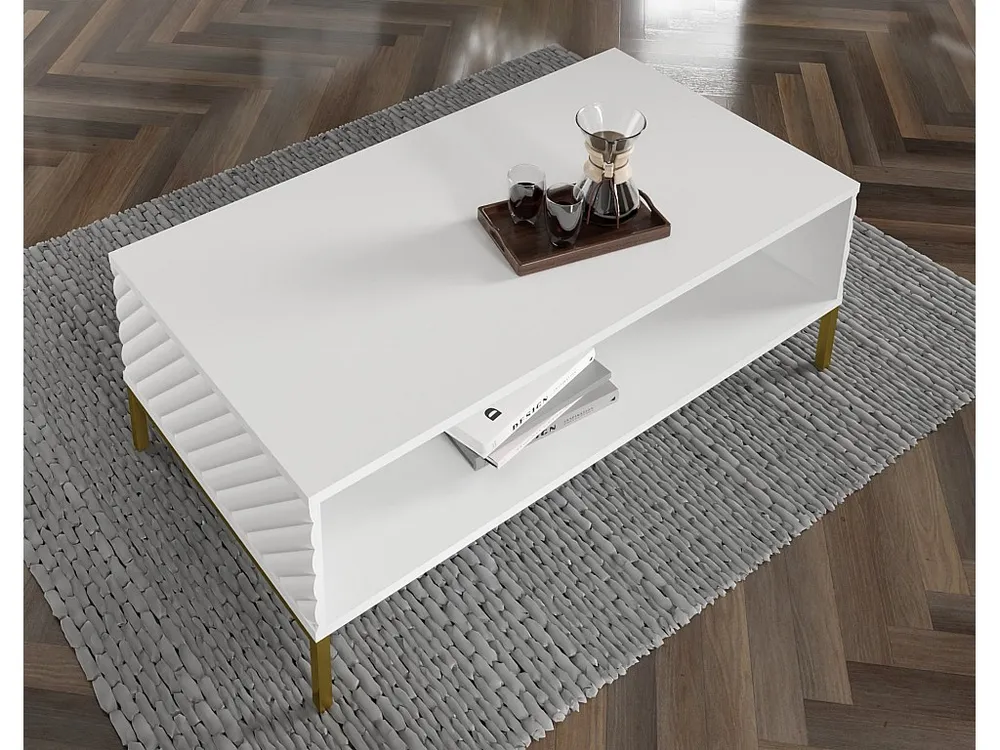 Salontafel SURF 90x60 cm gefreesd wit mat metalen poten goudkleur