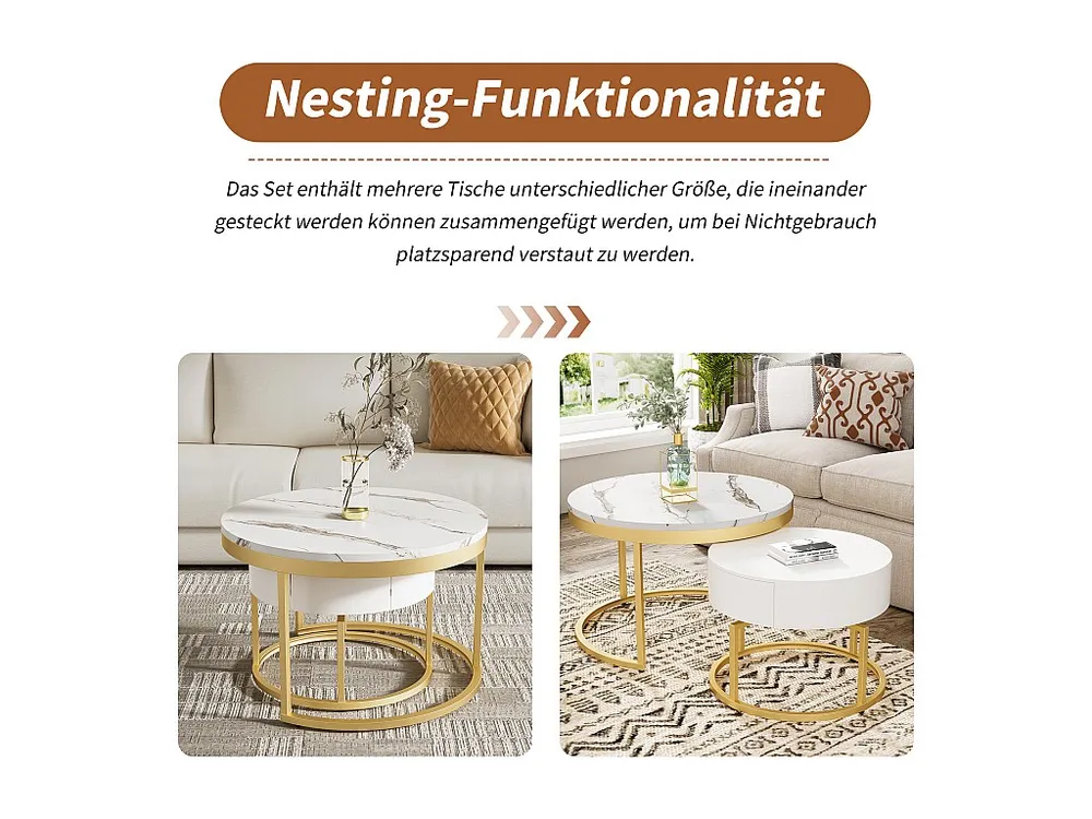 Set van 2 elkaar geschoven salontafels met 2 laden - Marmerpatroon - MDF hout - Wit