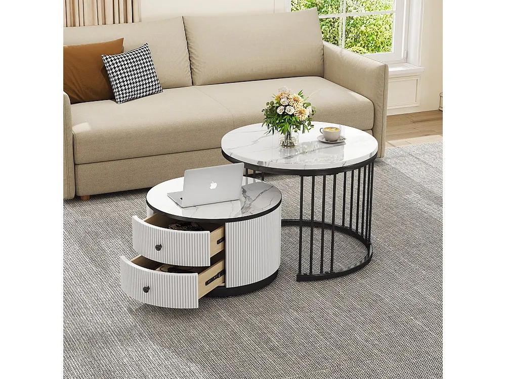 Set van 2 elkaar schuivende salontafels met 2 laden - 60 x 60 x 45,5 cm + 50 x 50 x 32 cm - Glanzende marmerlook - MDF - Z...