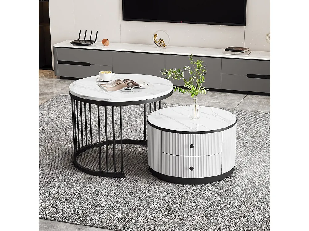 Set van 2 elkaar schuivende salontafels met 2 laden - 60 x 60 x 45,5 cm + 50 x 50 x 32 cm - Glanzende marmerlook - MDF - Z...