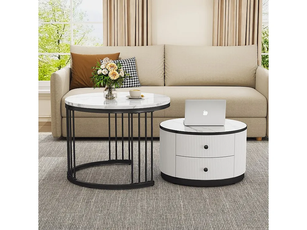 Set van 2 elkaar schuivende salontafels met 2 laden - 60 x 60 x 45,5 cm + 50 x 50 x 32 cm - Glanzende marmerlook - MDF - Z...