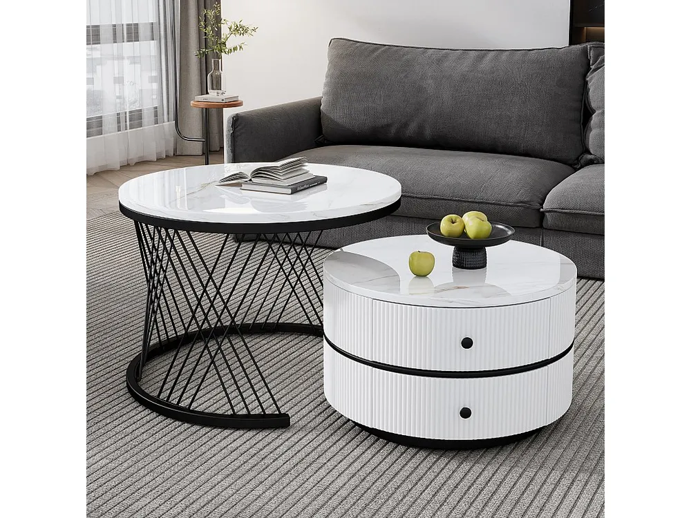 Set van 2 ronde elkaar geschoven salontafels met 2 laden - 60x60x46cm + 50x50x30,8cm - Marmerpatroon - MDF hout en metaal...