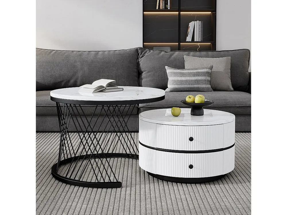 Set van 2 ronde elkaar geschoven salontafels met 2 laden - 60x60x46cm + 50x50x30,8cm - Marmerpatroon - MDF hout en metaal...