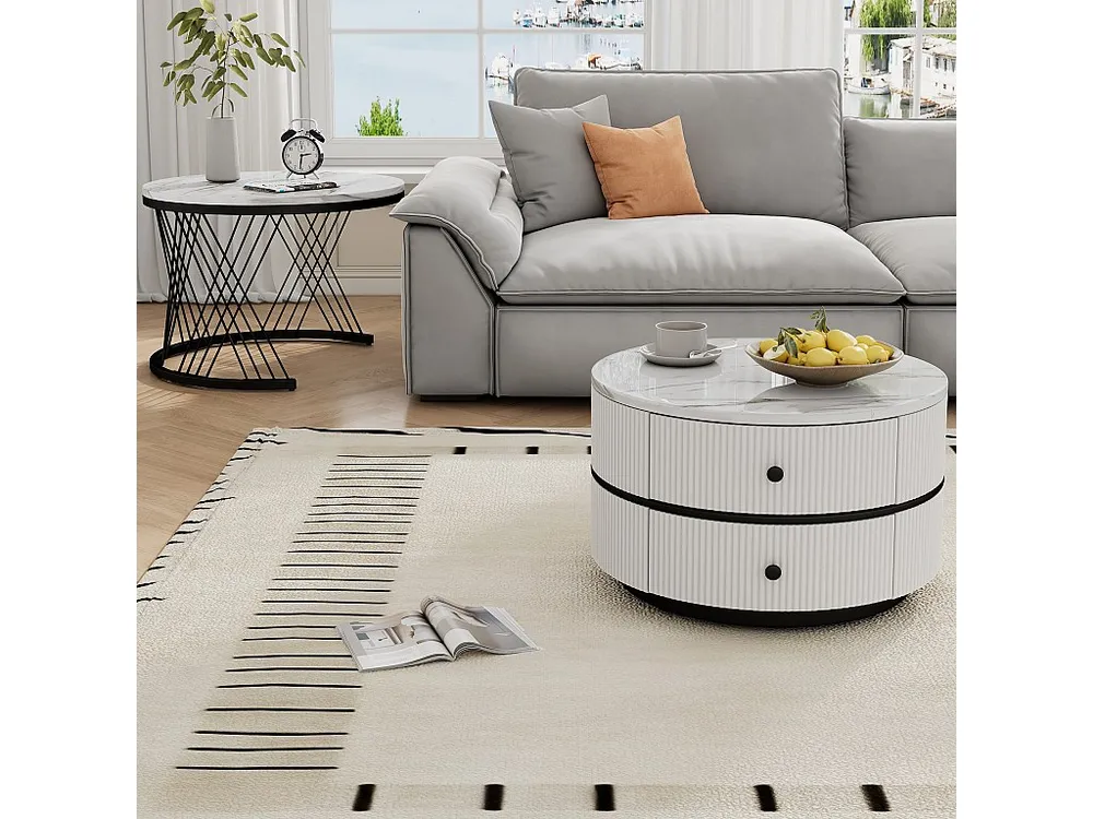 Set van 2 ronde elkaar geschoven salontafels met 2 laden - 60x60x46cm + 50x50x30,8cm - Marmerpatroon - MDF hout en metaal...