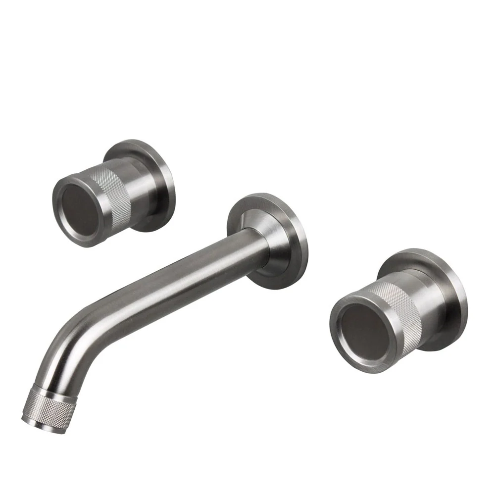 Wall-mounted three-hole washbasin mixer tap 21 cm spout 316L stainless steel Strookglans finish without drain and anti-lim...