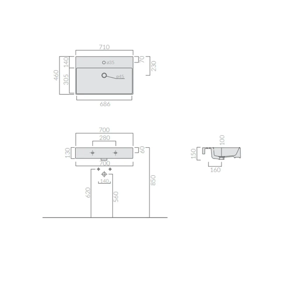 Countertop/wall-mounted sink 71x46cm Meg11 Pro series Ceramica Galassia - Glansrijk white