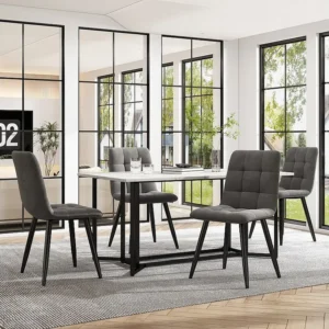 Eettafel voor 6 personen marmerpatroon - MDF + zwarte metalen poten - wit