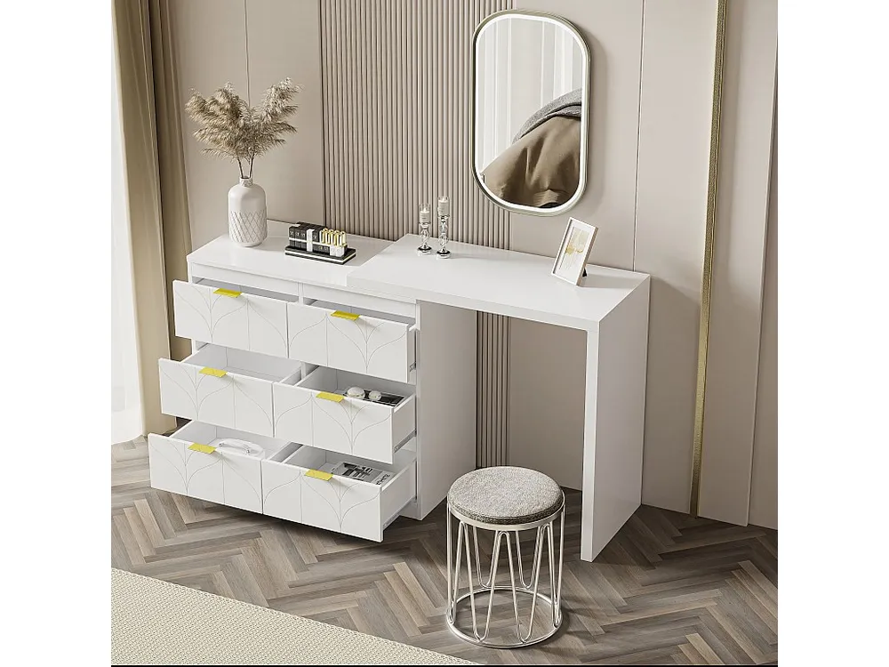 Eigentijdse Scandinavische draaibare kaptafel met 6 lades - versierd met bloemmotief - Wit