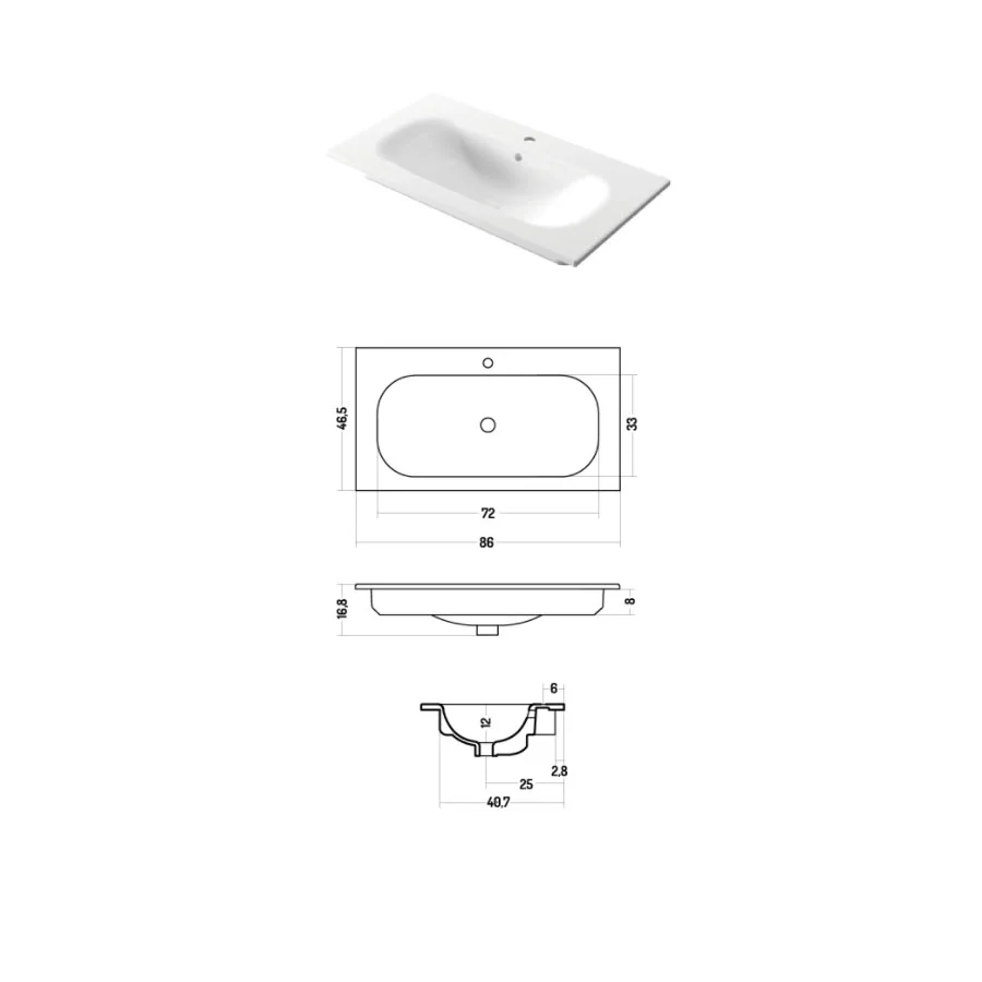 Rectangular built- washbasin glossy white porselein 86x46cm Soft Design-Ceramics series