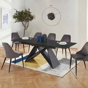 Uitschuifbare eettafel - 6 tot 8 personen - Keramiek en metaal - Zwart. LISBY
