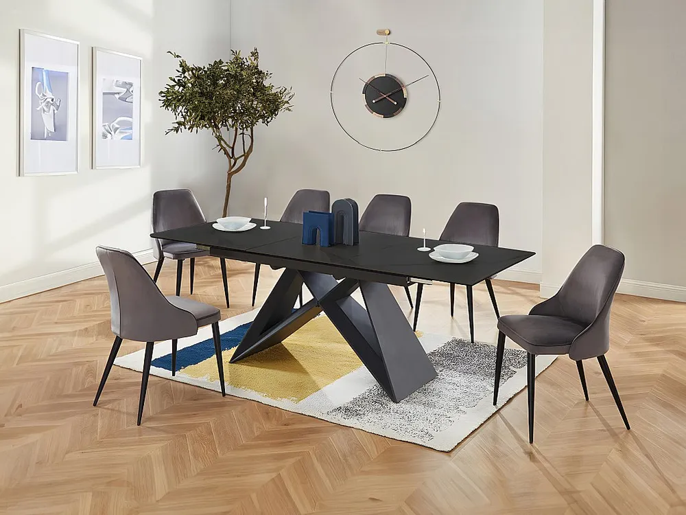 Uitschuifbare eettafel - 6 tot 8 personen - Keramiek en metaal - Zwart. LISBY