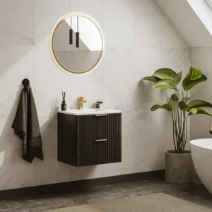 Zwart gestreept hangmeubel voor badkamer met inbouwwastafel, 60 cm, ZEVARA