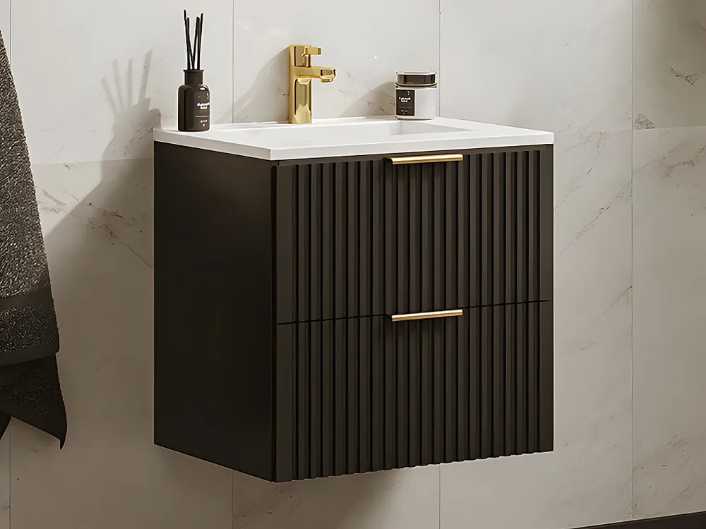 Zwart gestreept hangmeubel voor badkamer met inbouwwastafel, 60 cm, ZEVARA