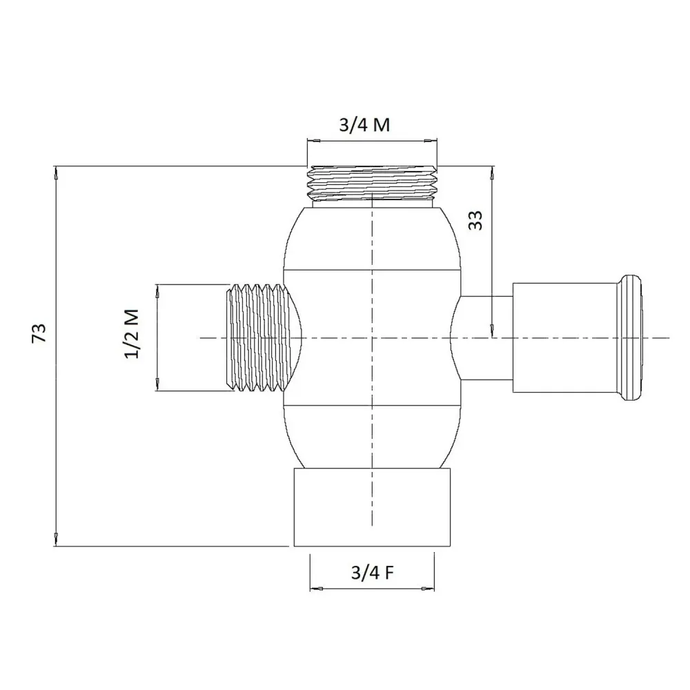 Domed geel koper diverter 3/4M, 3/4F and 1/2M copper connection met CE-Keurmerk