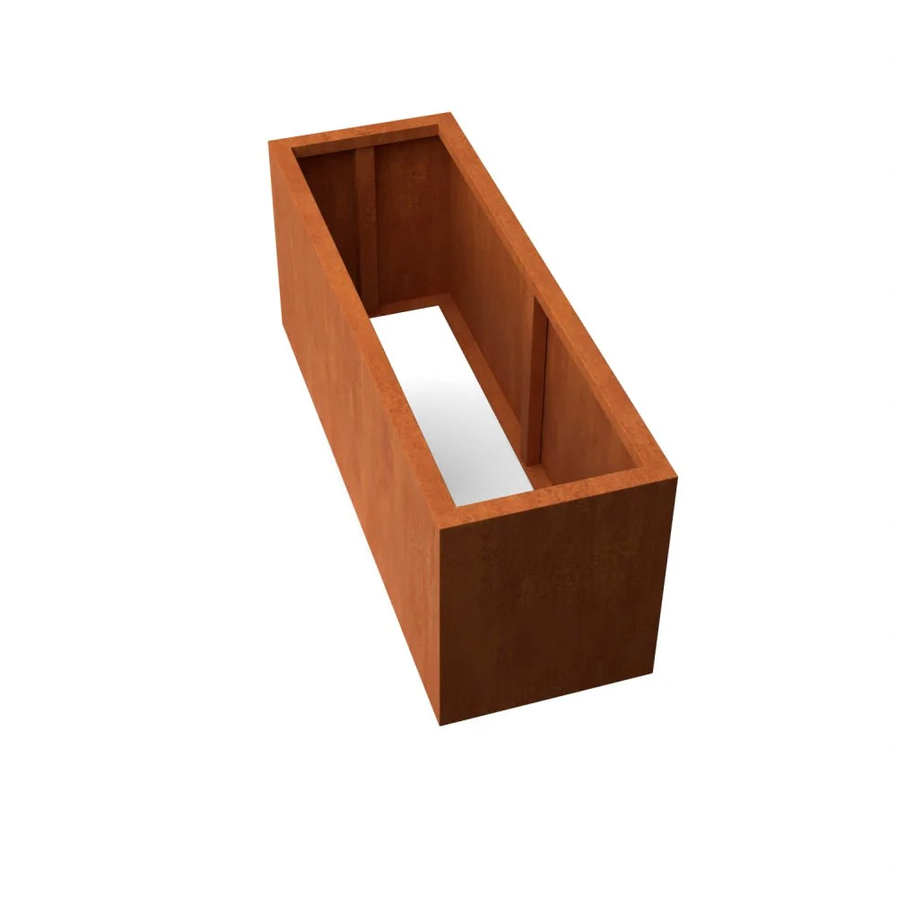 Horizontale Langwerpige cortenstalen plantenbak met bodem 150x50x60 cm