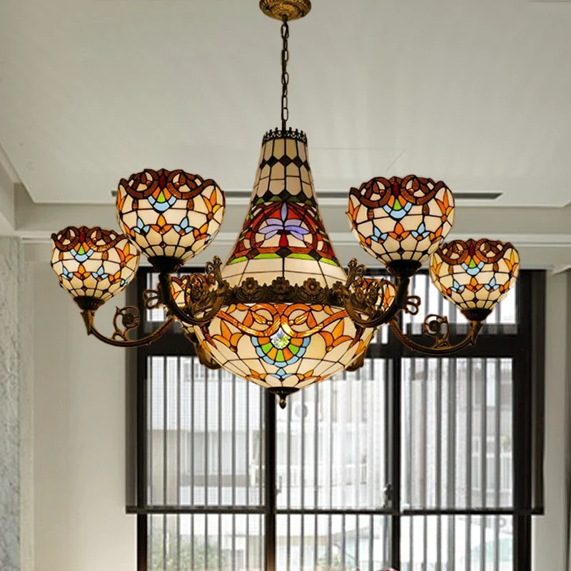 11/13 Lichten Eetkamer Hangende Kroonluchter Tiffany Messing Downverlichting met Koepel Gebrandschilderd Glas Schaduw, 39"...