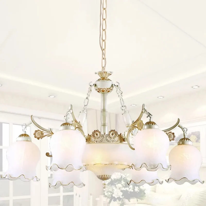 9-kops ivoorkleurige glazen hanglamp, klassiek wit/brons bloem woonkamer kroonluchter licht