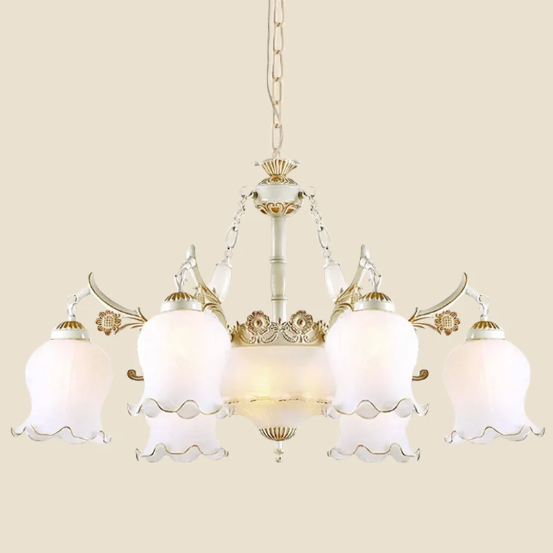 9-kops ivoorkleurige glazen hanglamp, oorspronkelijk wit/brons bloem woonkamer kroonluchter licht