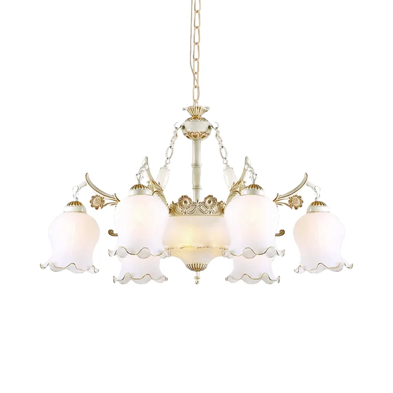 9-kops ivoorkleurige glazen hanglamp, oorspronkelijk wit/brons bloem woonkamer kroonluchter licht