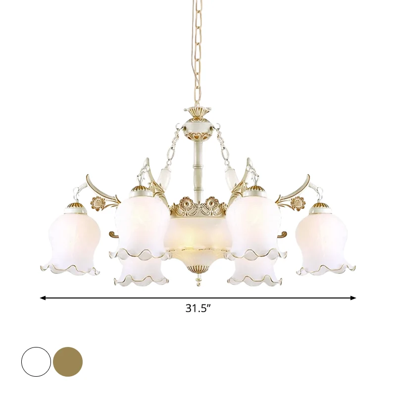 9-kops ivoorkleurige glazen hanglamp, oorspronkelijk wit/brons bloem woonkamer kroonluchter licht