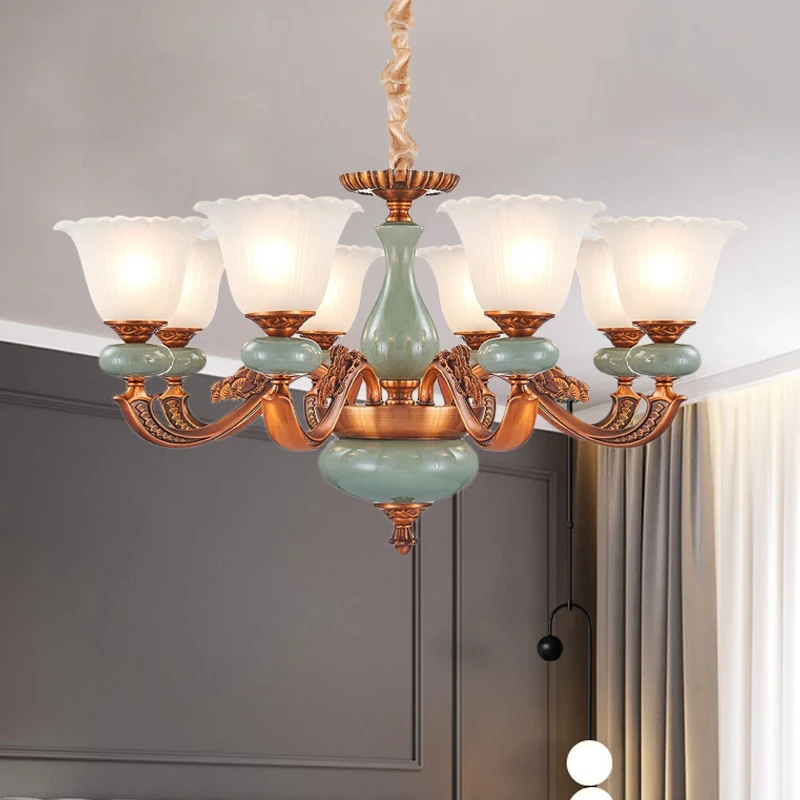 Antiekstijl stijl bloemenvormige hangende kroonluchter 6/8-lamps crèmekleurige glazen ophangverlichting bruin