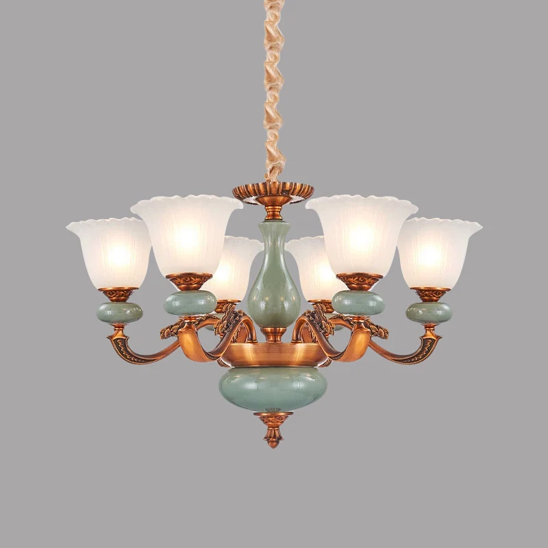 Antiekstijl stijl bloemenvormige hangende kroonluchter 6/8-lamps crèmekleurige glazen ophangverlichting bruin
