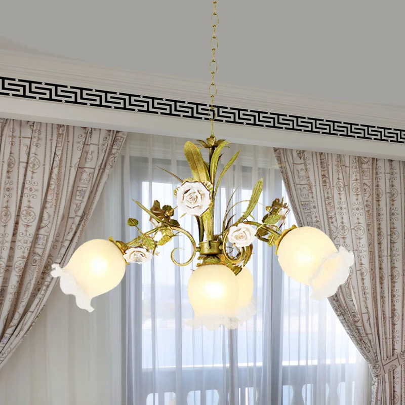 Bloemen slaapkamer kroonluchter zacht pastoraal metaal 4/7 koppen groene plafondlamp met rozendecoratie