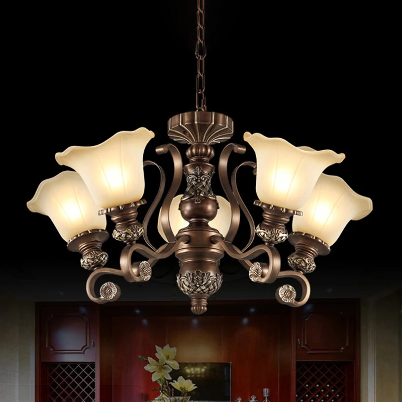Bronzen afwerking Flush kroonluchter antieke matglazen bloem semi-inbouw plafondlamp voor woonkamer met 3 Lichtpunten