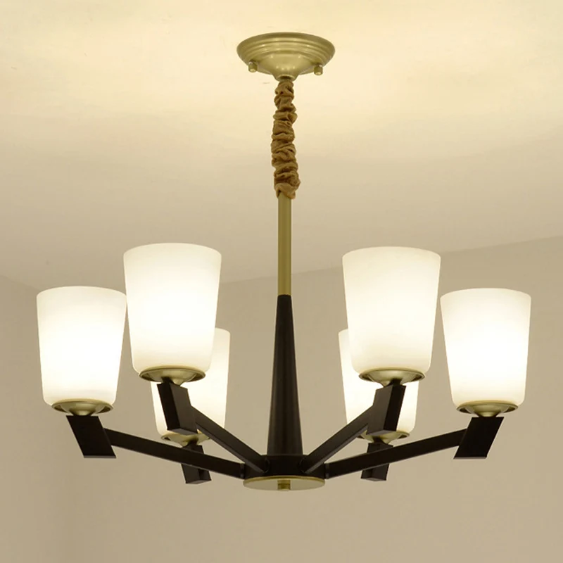 Cone Mat Glass Light Kroonluchter Traditionele 6/8/12 Lichten Woonkamer Hanglamp Zwart met afstandsbediening