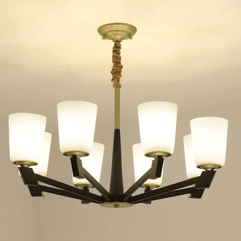Cone Mat Glass Light Kroonluchter Traditionele 6/8/12 Lichten Woonkamer Hanglamp Zwart met afstandsbediening